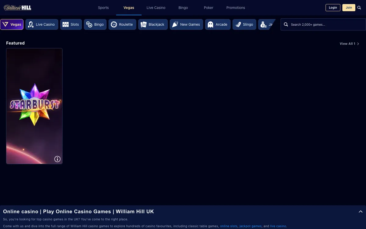 William Hill Vegas — Home page, captured from Poland
