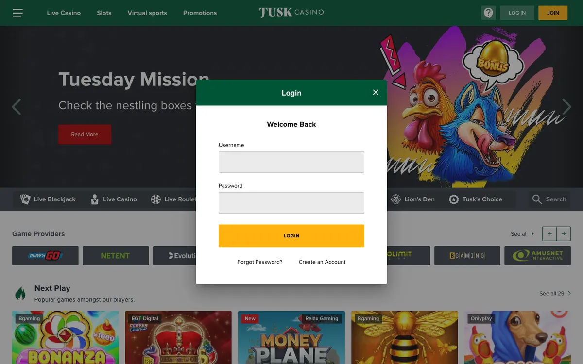 Tusk Casino — Sign-up, captured from Finland