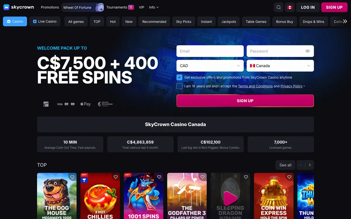 Skycrown Casino — Home page, captured from Canada
