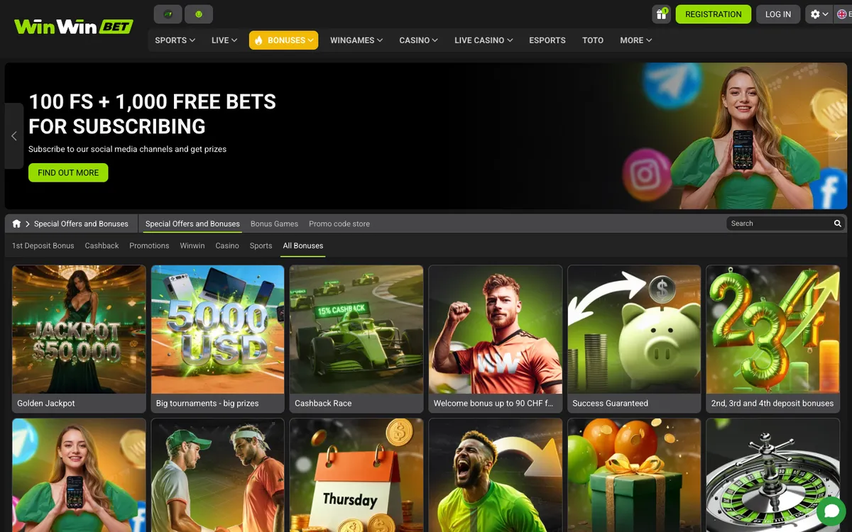 WinWinBet Casino — Promotions, captured from Switzerland