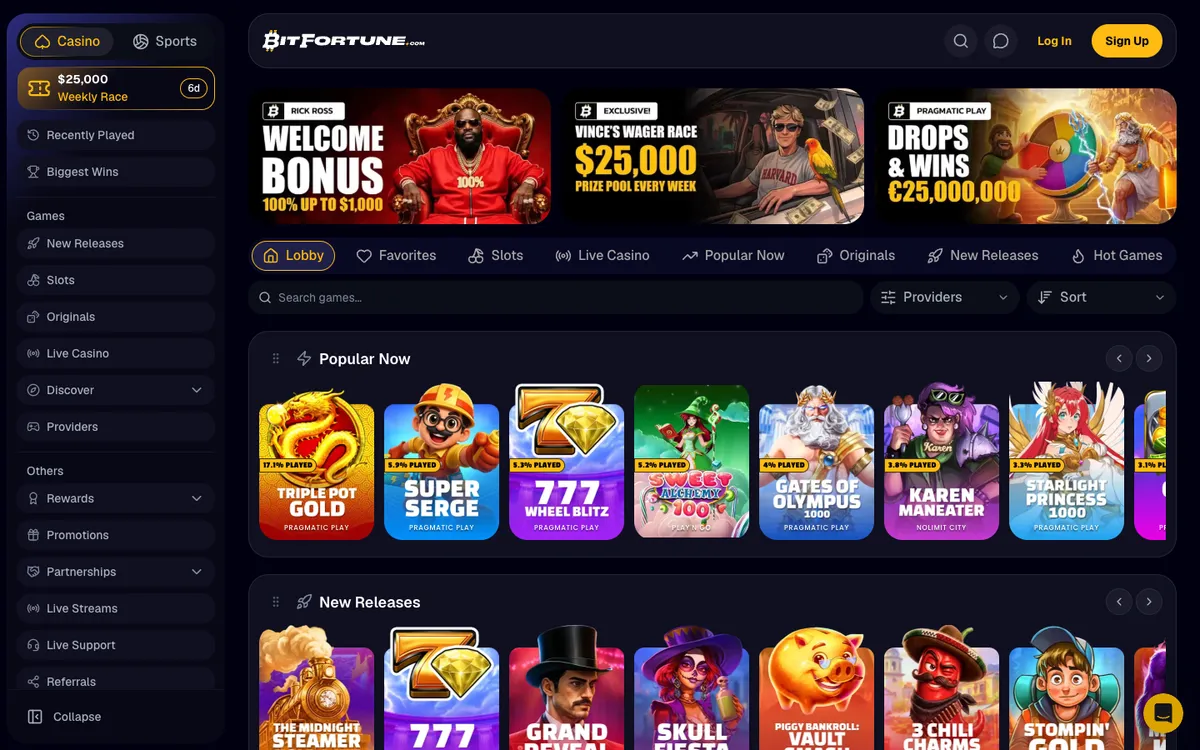 BitFortune Casino — Home page, captured from United Kingdom