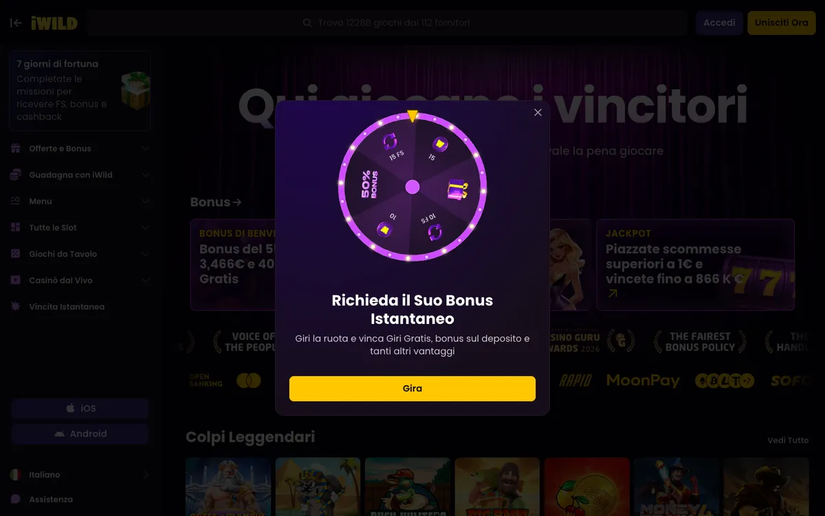 iWild Casino — Home page, captured from Italy
