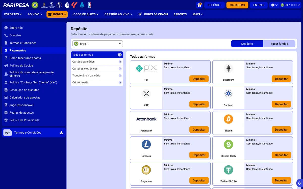 Paripesa Casino — «Платежи», снято из страны Бразилия
