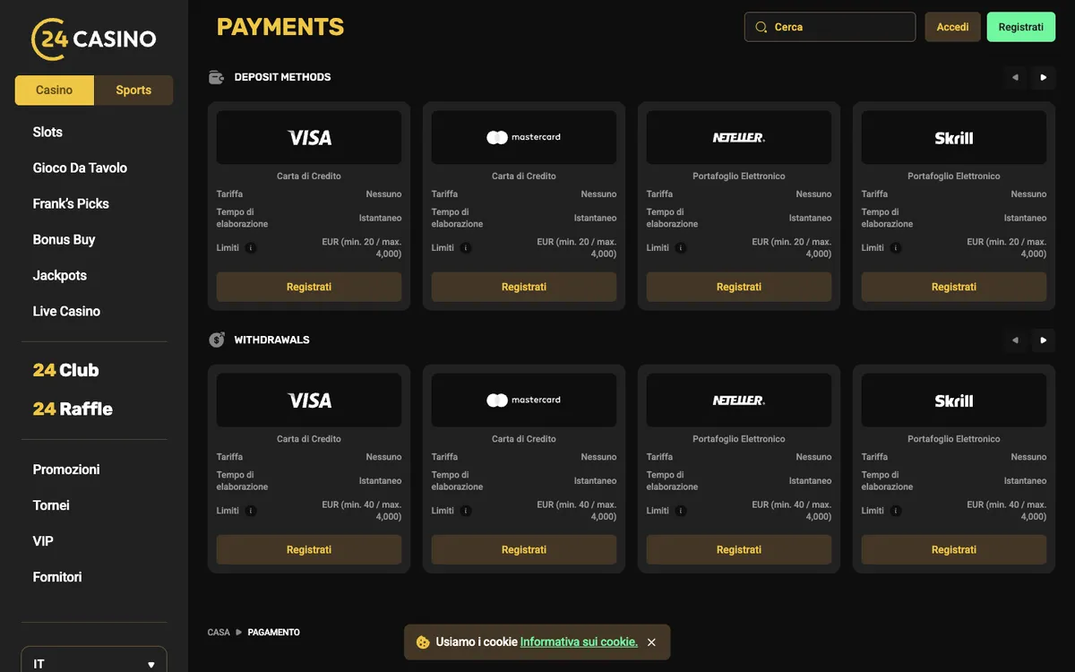 24Casino — «Платежи», снято из страны Италия