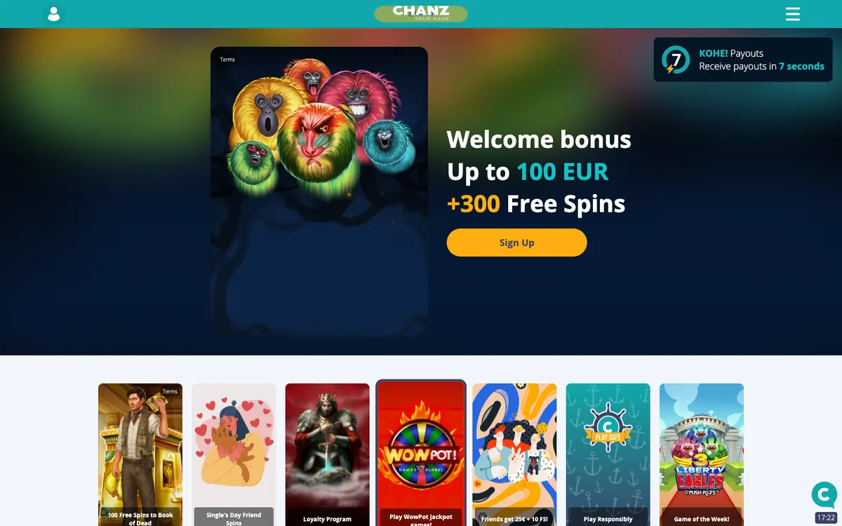 Chanz Casino — Home page, captured from Norway