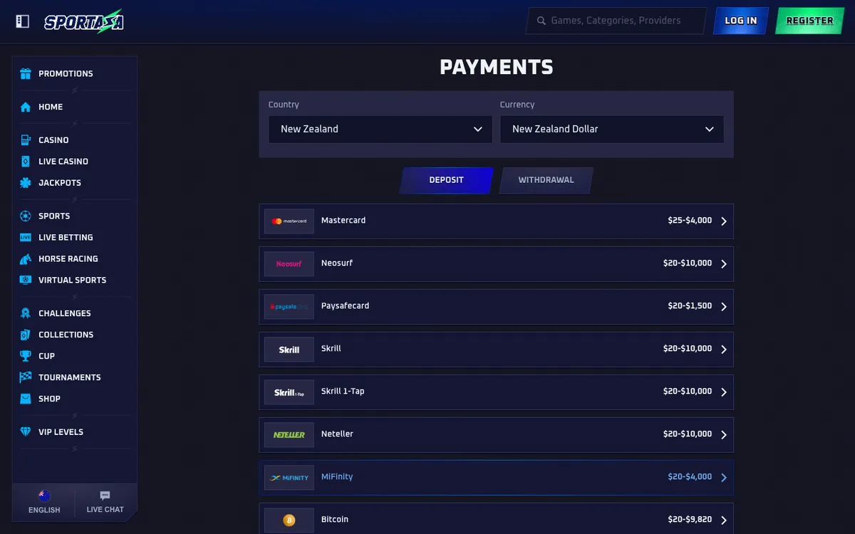 Sportaza Casino — Payments, captured from New Zealand