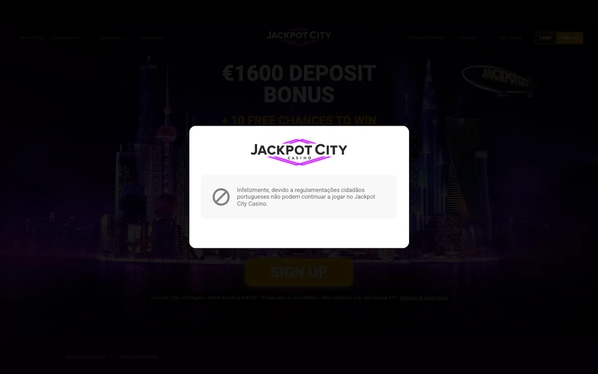 Jackpot City Casino — Promotions, captured from Portugal