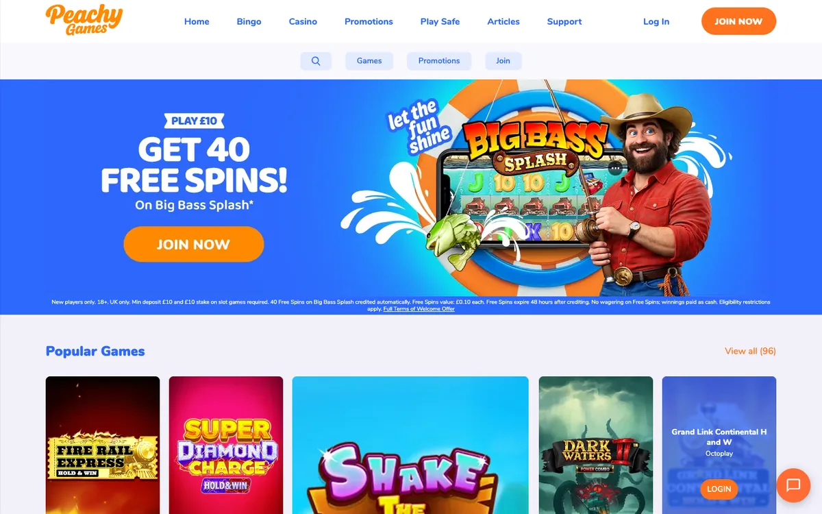 Peachy Games Casino — Home page, captured from United Kingdom