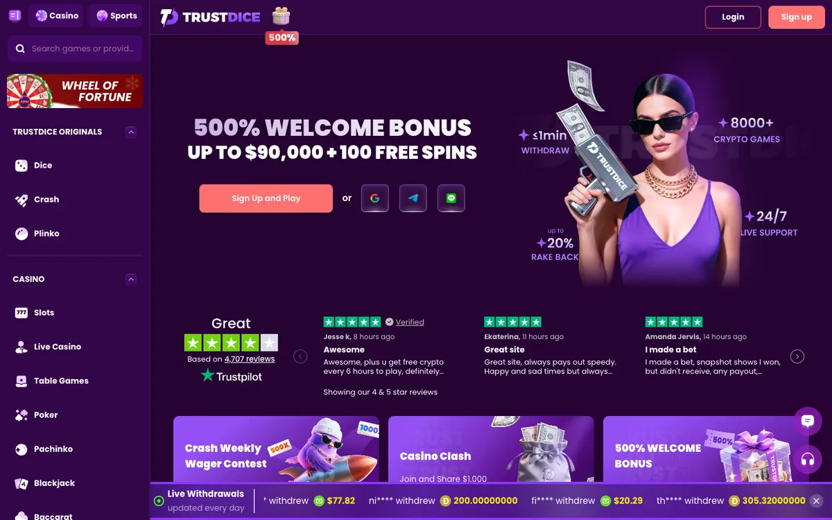 TrustDice Casino — «Главная», снято из страны Канада