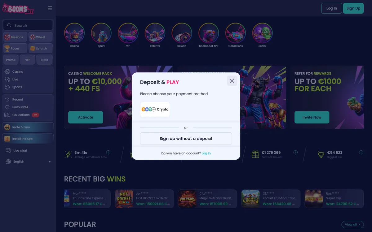 BoomsBet Casino — Home page, captured from Canada