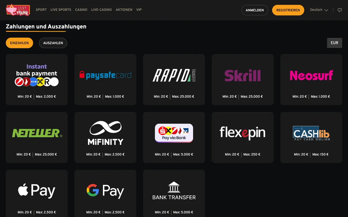Lucky Trunk Casino — Payments, captured from Austria