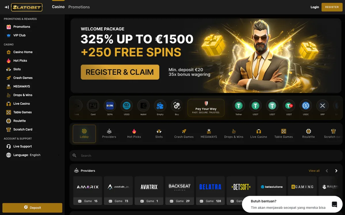 ZlatoBet Casino — Home page, captured from Indonesia