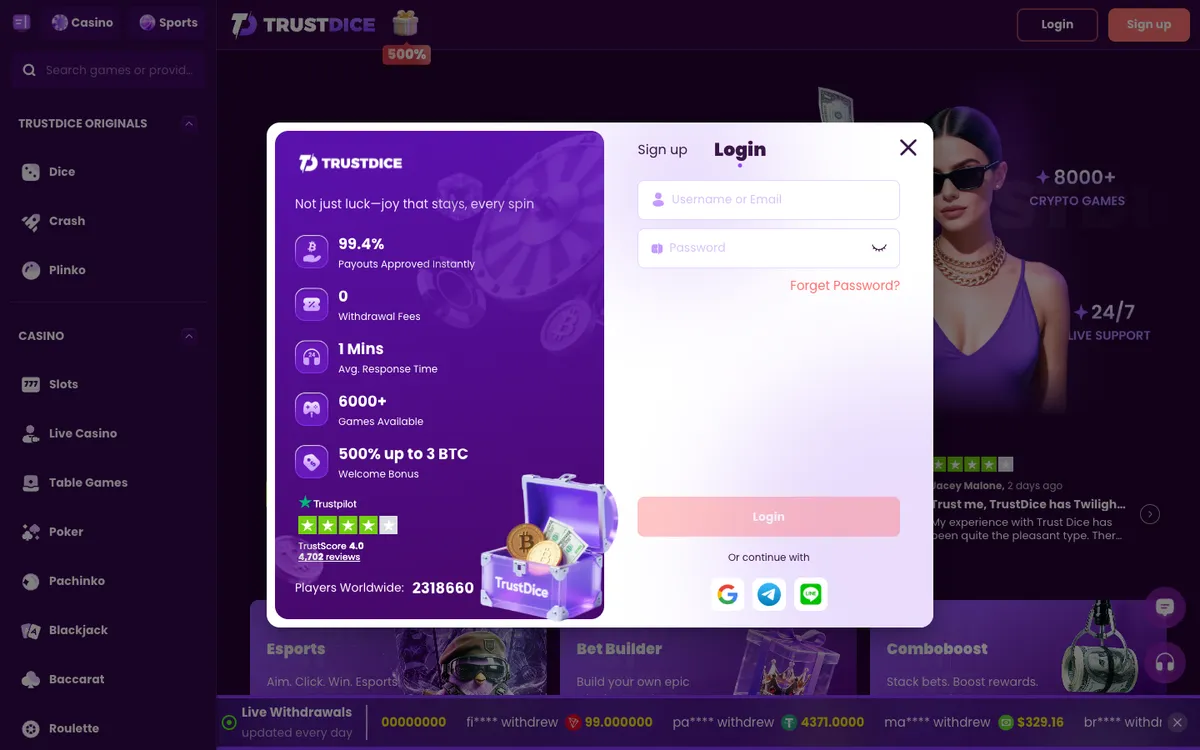 TrustDice Casino — Sign-up, captured from Australia