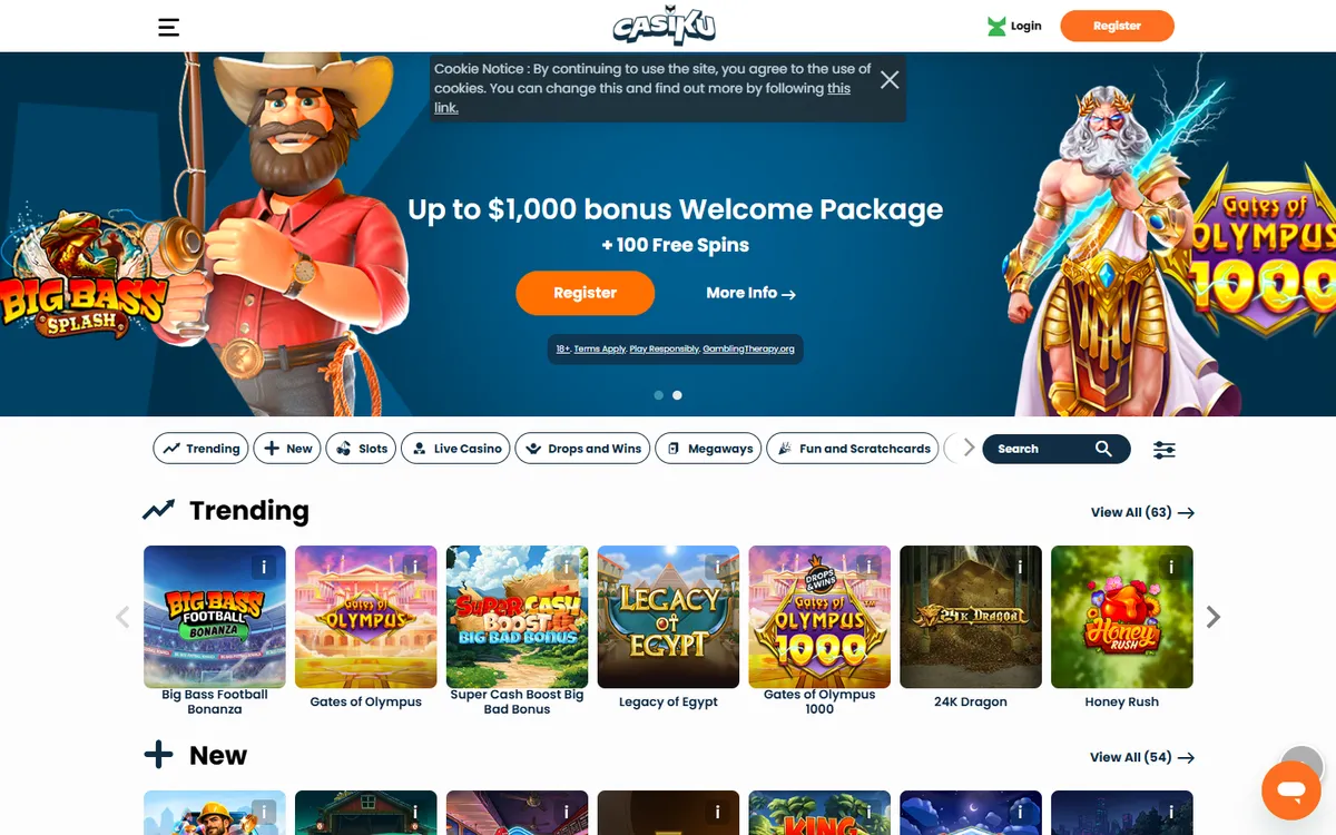 Casiku Casino — Home page, captured from Canada