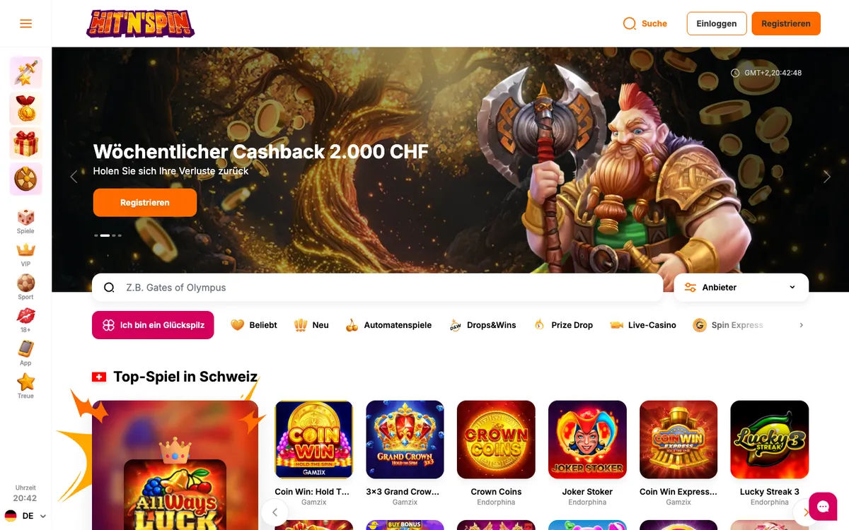 HitNSpin Casino — Home page, captured from Switzerland