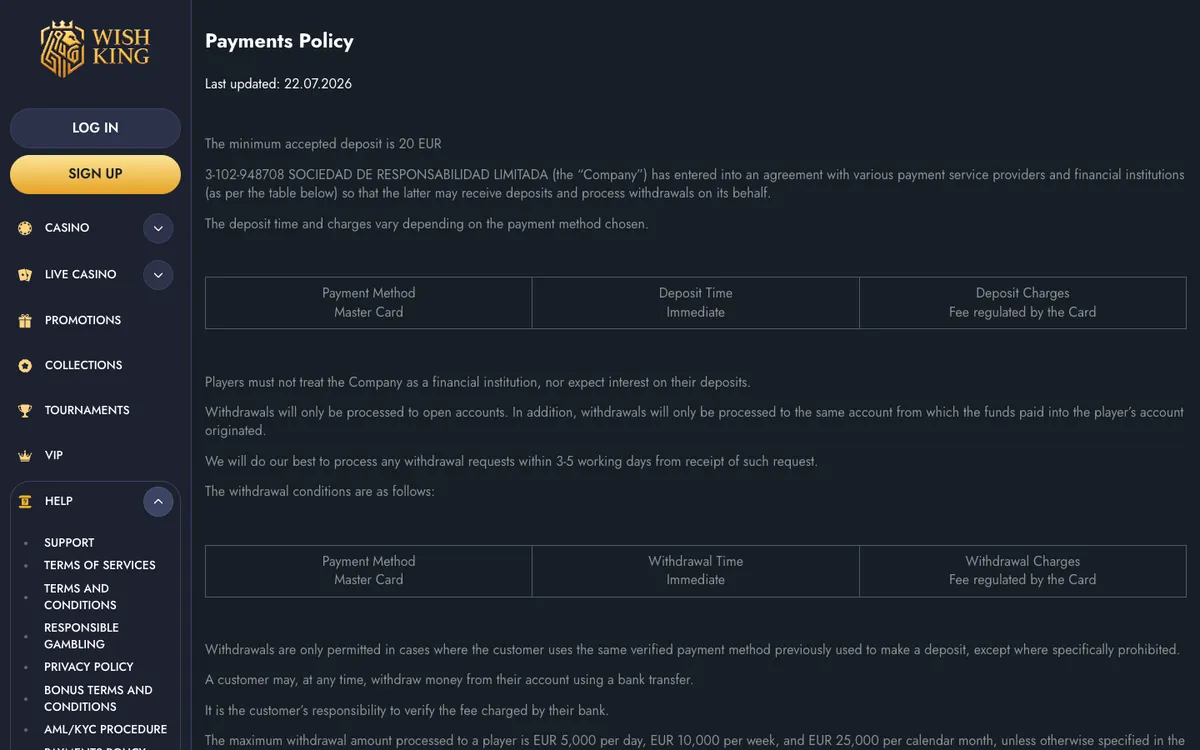 WishKing Casino — Payments, captured from Austria
