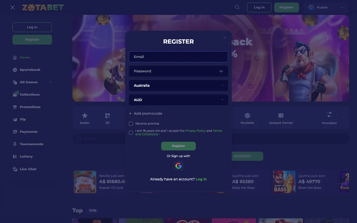 Zotabet Casino — Sign-up, captured from Australia