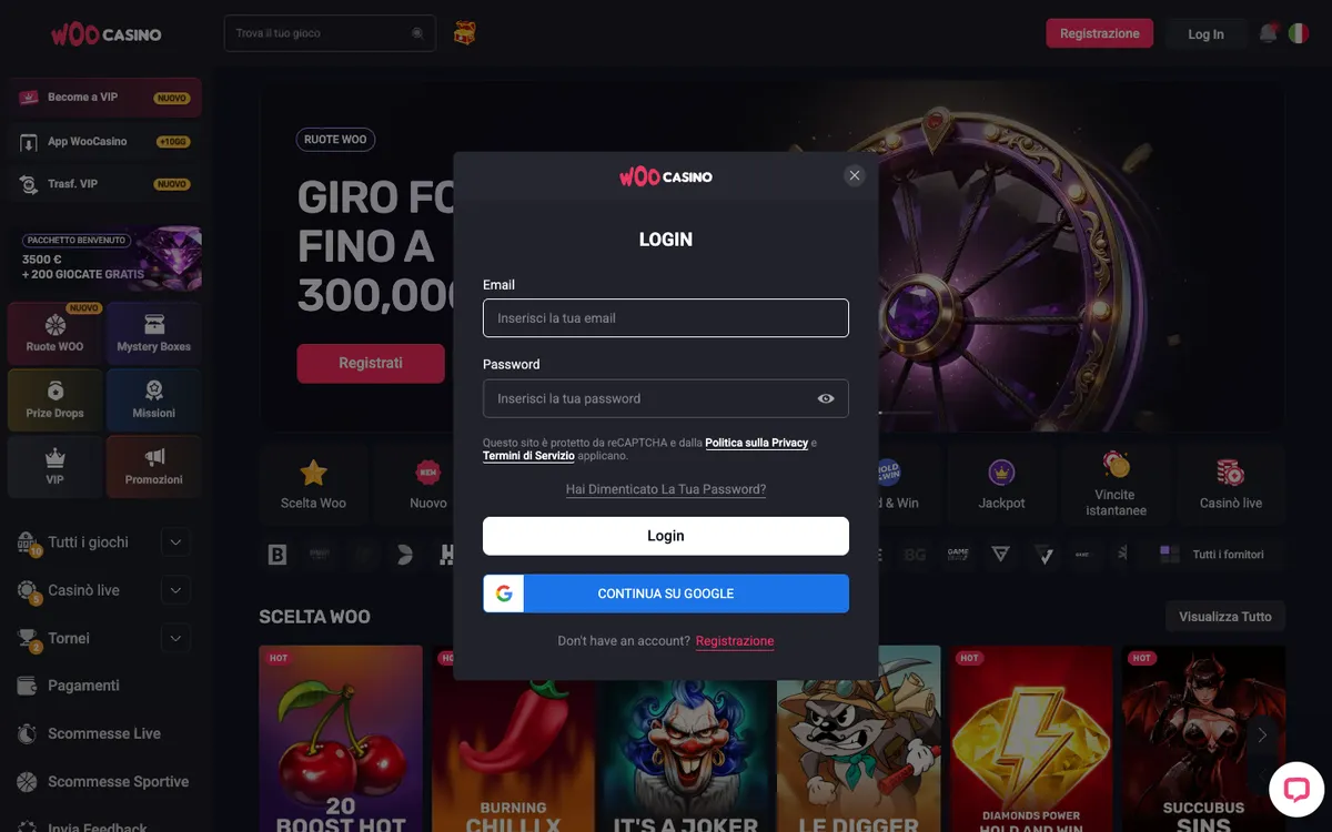 Woocasino — Sign-up, captured from Italy