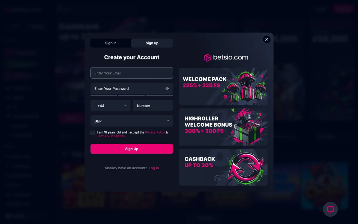 Betsio Casino — Home page, captured from United Kingdom