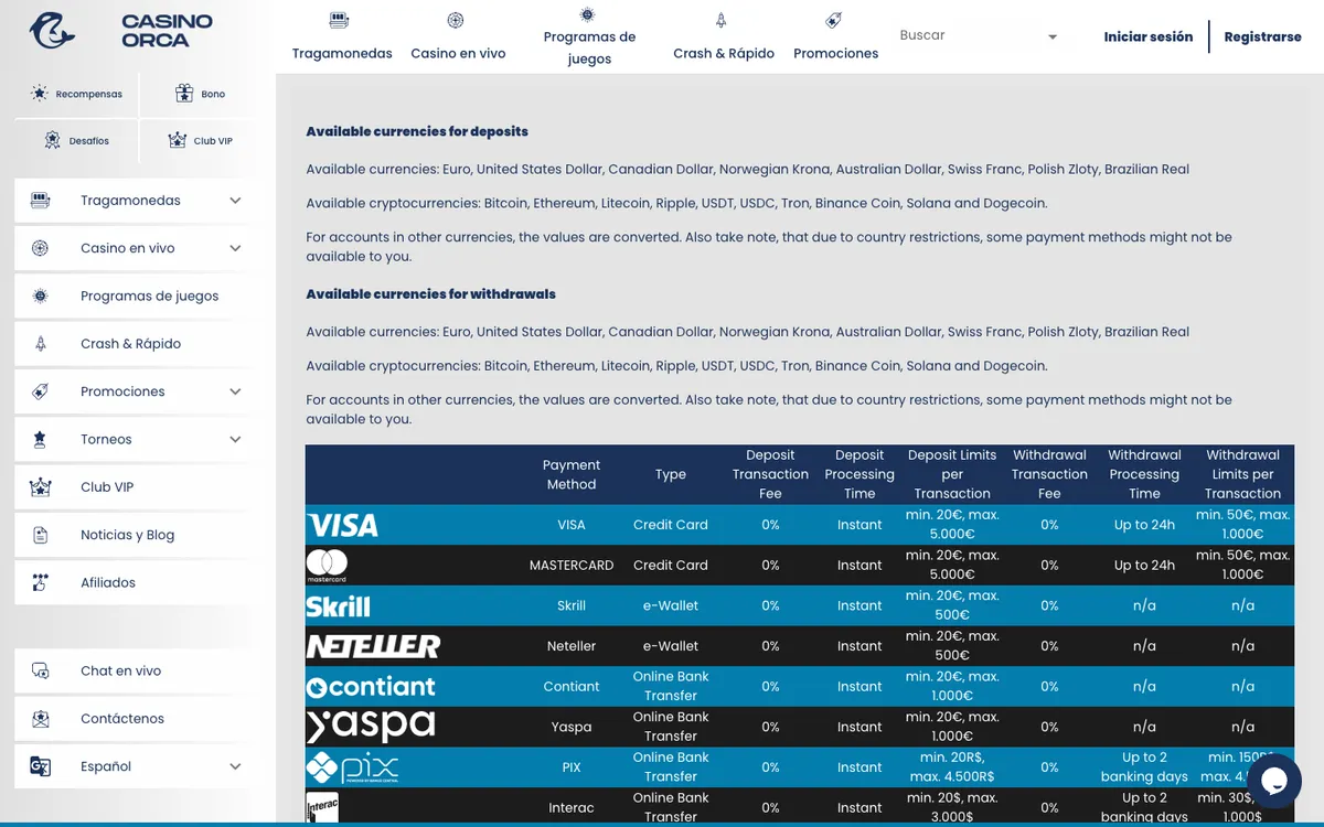 Casino Orca — Payments, captured from Spain