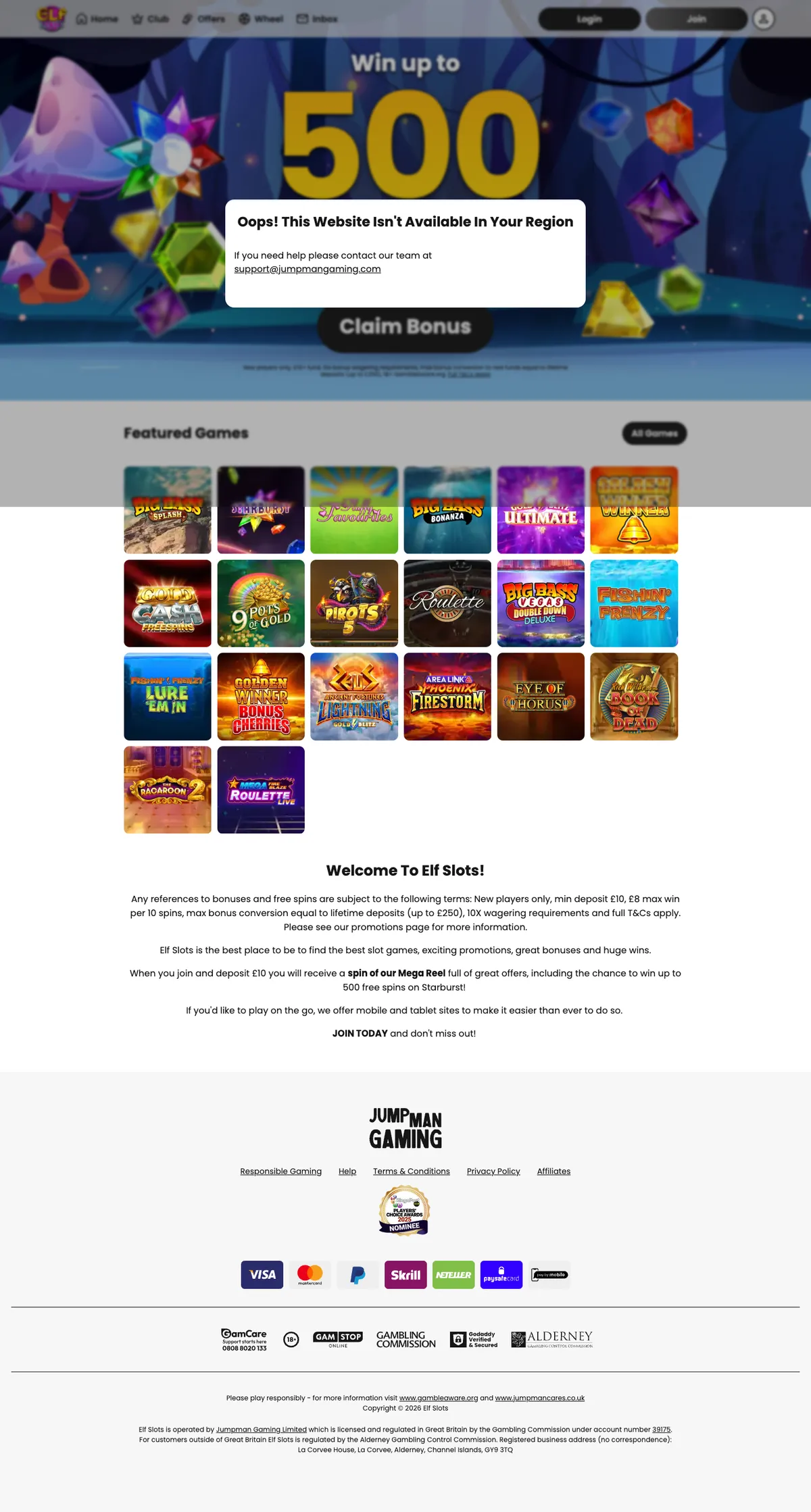Elf Slots Casino — Home page, captured from Austria