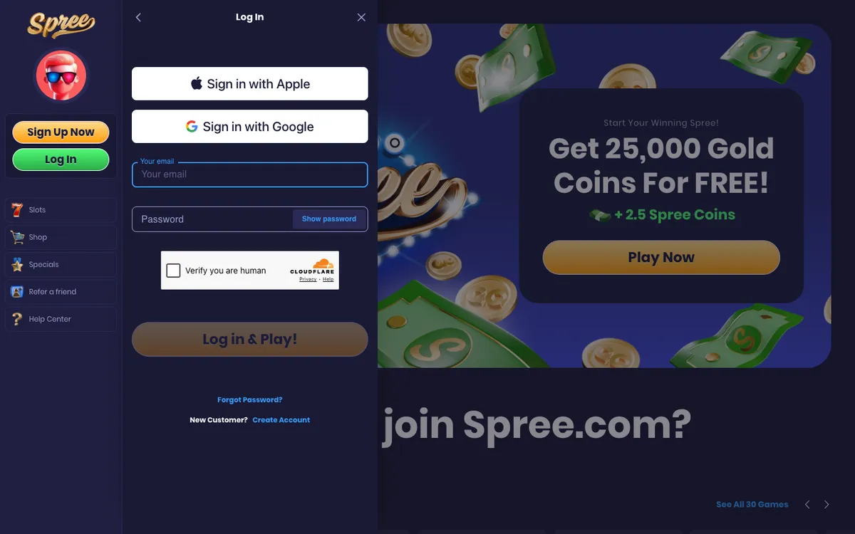 Spree Casino — Sign-up, captured from United States