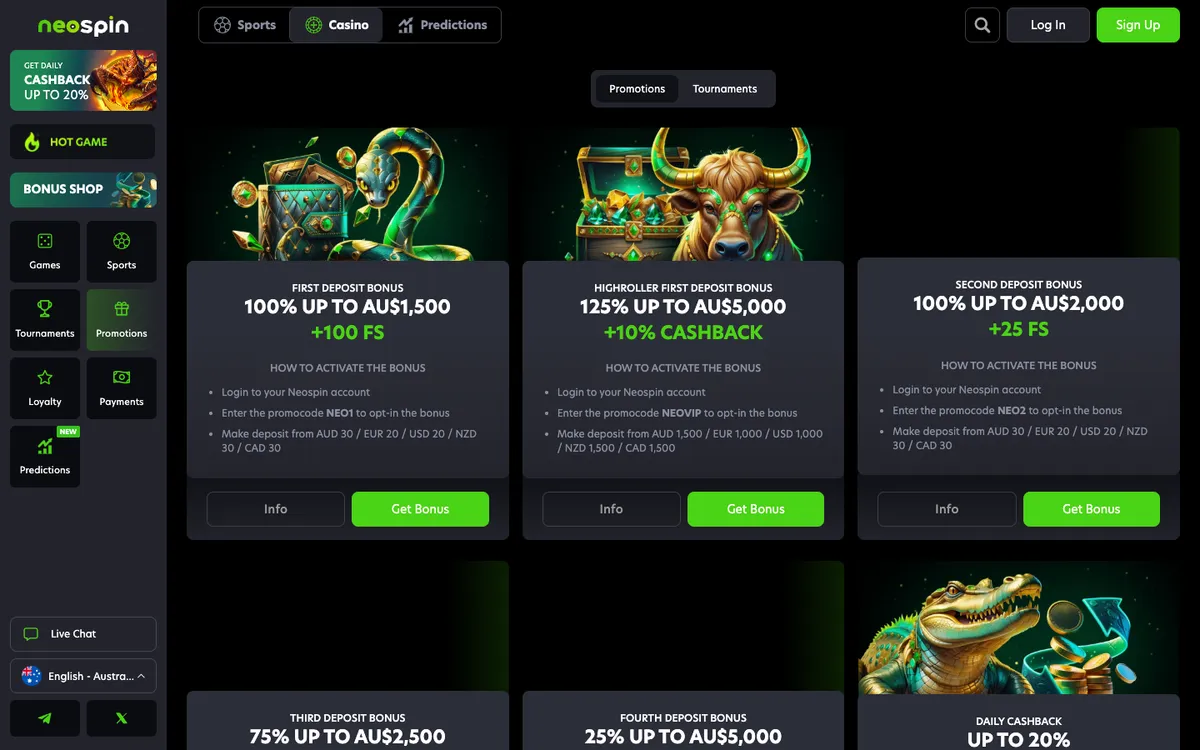 Neospin Casino — Promotions, captured from Australia