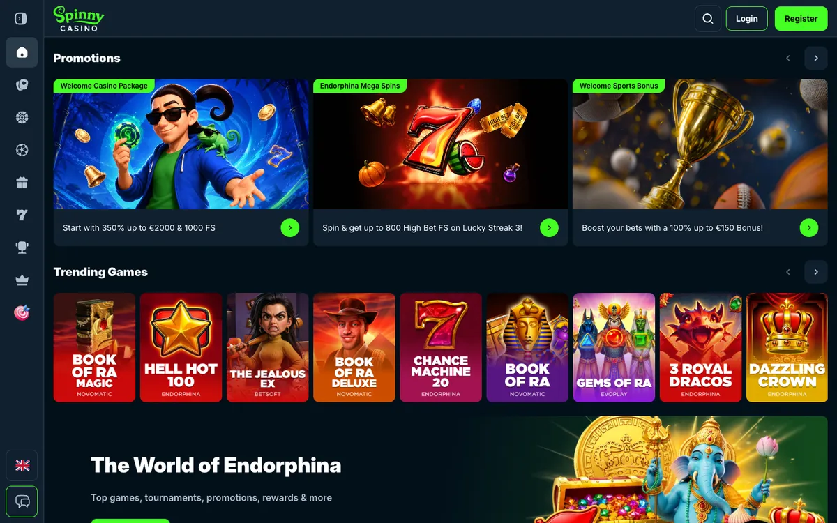 Spinny Casino — «Главная», снято из страны Бельгия