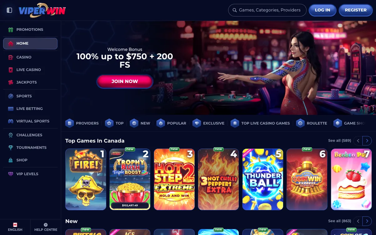 ViperWin Casino — Home page, captured from Canada