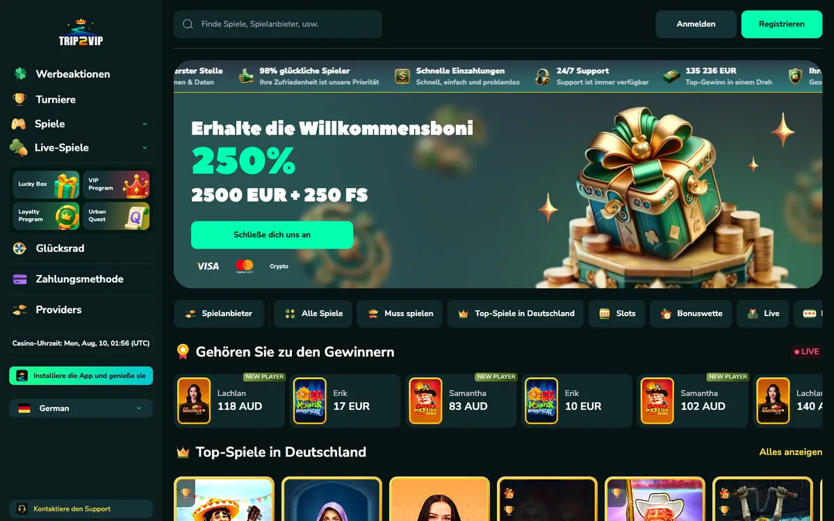 Trip2Vip Casino — «Главная», снято из страны Германия