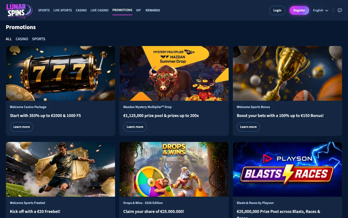 Lunarspins Casino — Promotions, captured from Belgium