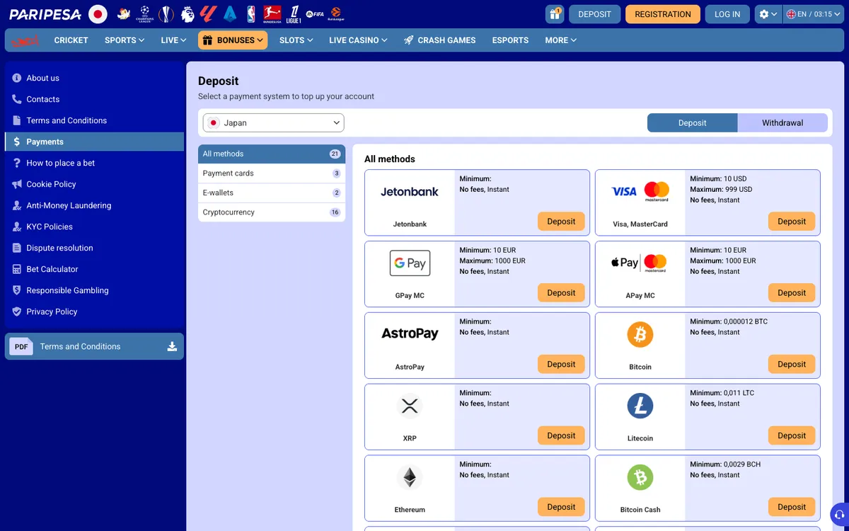 Paripesa Casino — Payments, captured from Japan