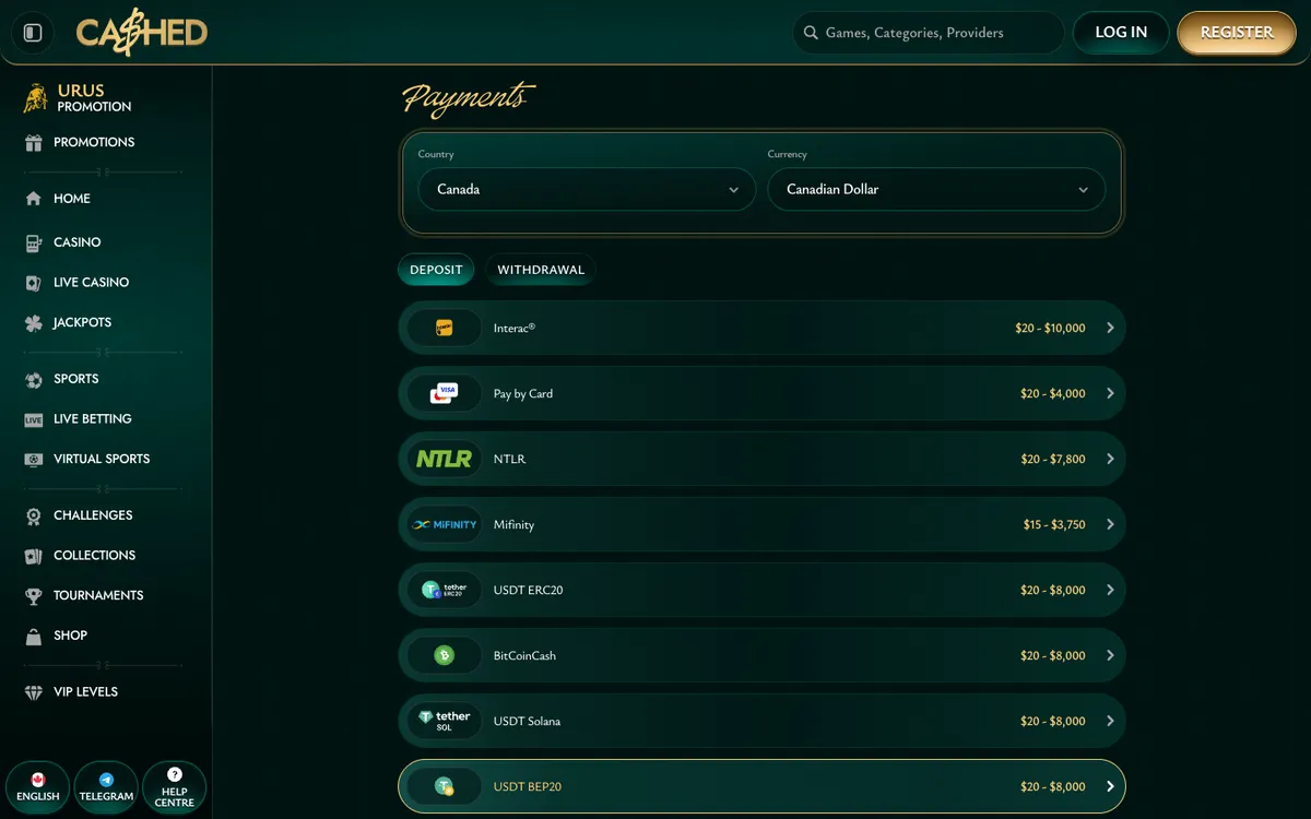 Cashed Casino — Payments, captured from Canada