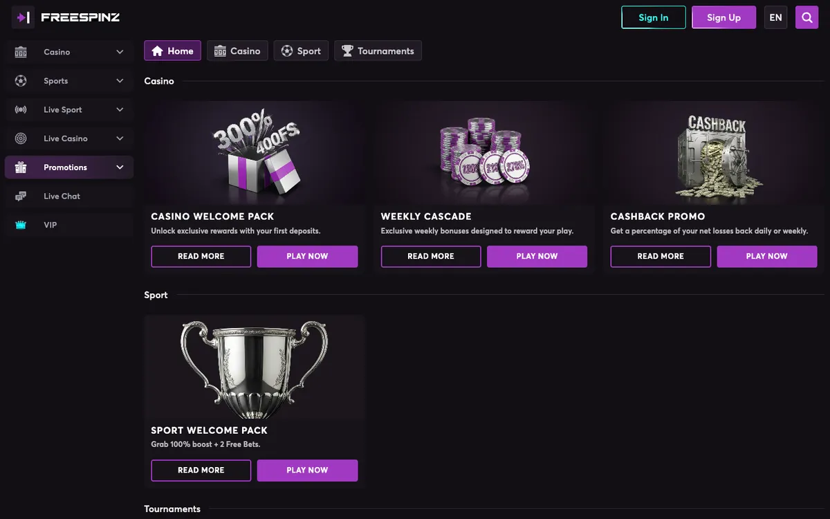 Freespinz Casino — Promotions, captured from Switzerland