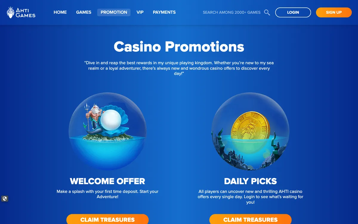 AHTI Games Casino — Promotions, captured from Switzerland
