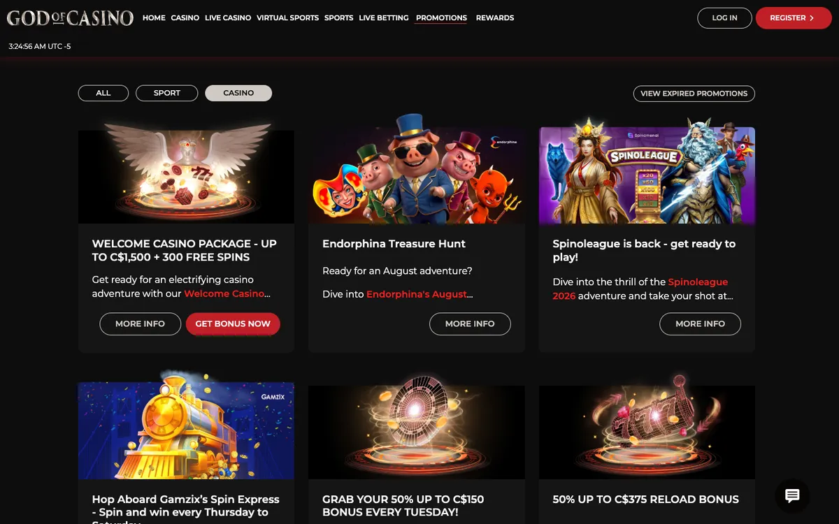 God of Casino — Promotions, captured from Canada