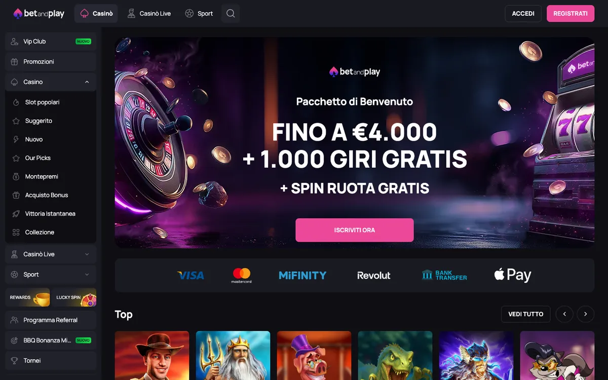 Betandplay Casino — Home page, captured from Italy