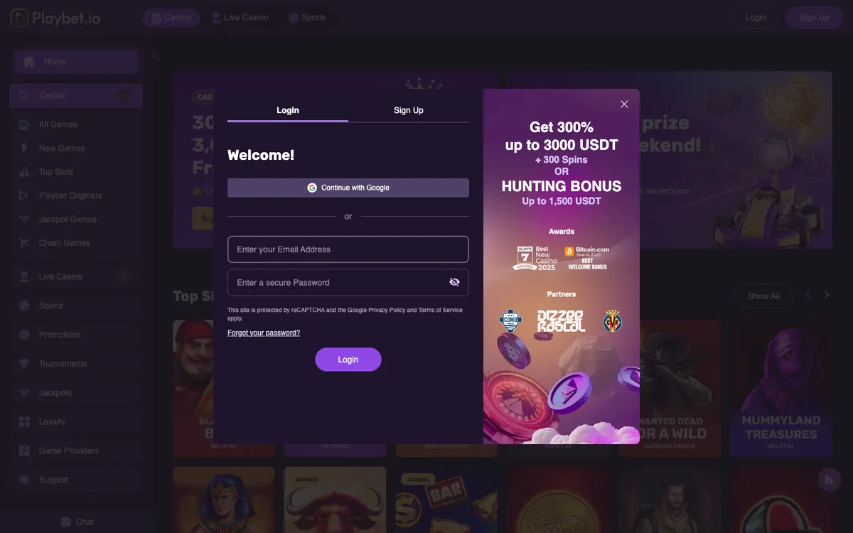 Playbet.io Casino — Sign-up, captured from South Africa