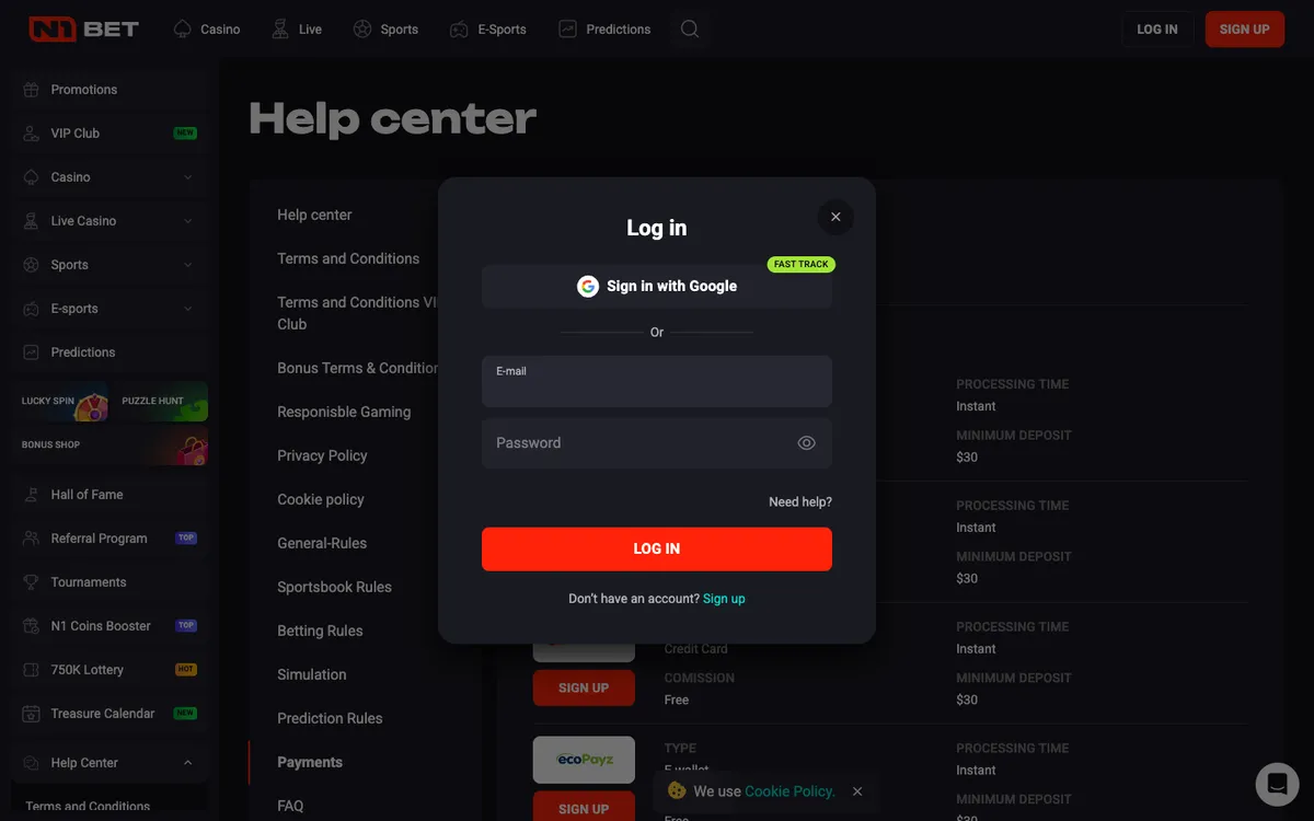 N1Bet Casino — «Регистрация», снято из страны Канада