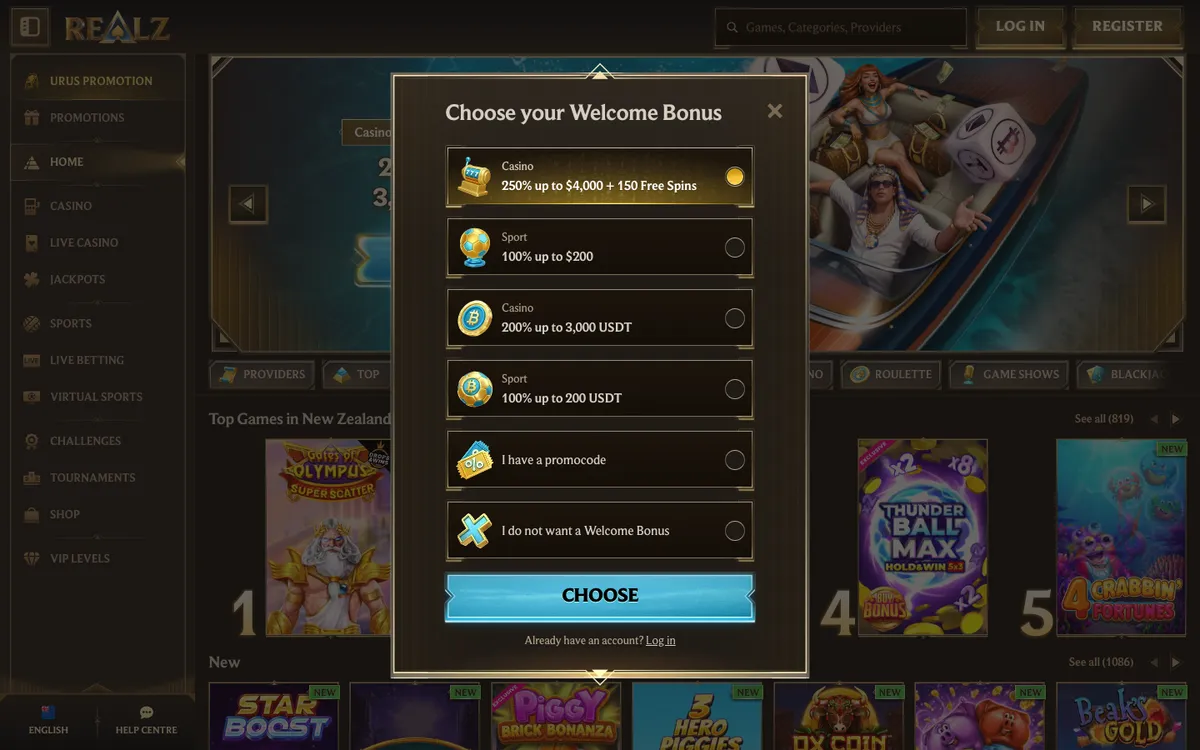 Realz Casino — «Регистрация», снято из страны Новая Зеландия
