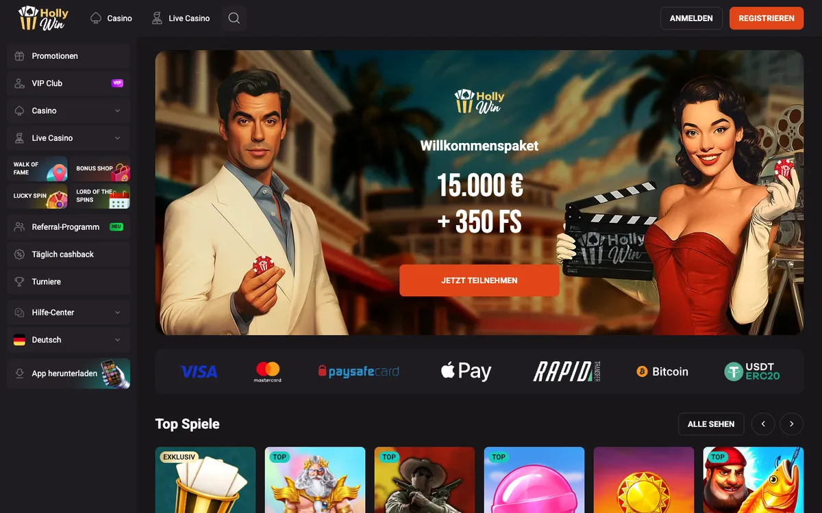 HollyWin Casino — Home page, captured from Switzerland
