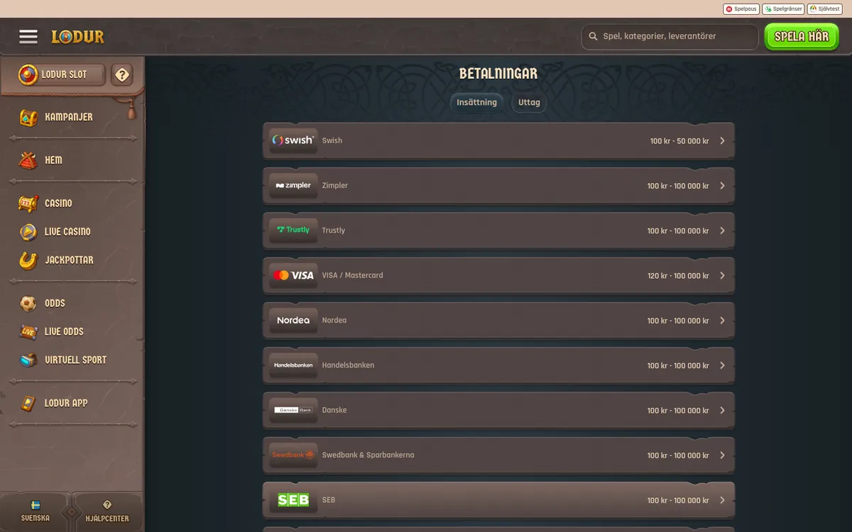 Lodur Casino — Payments, captured from Sweden