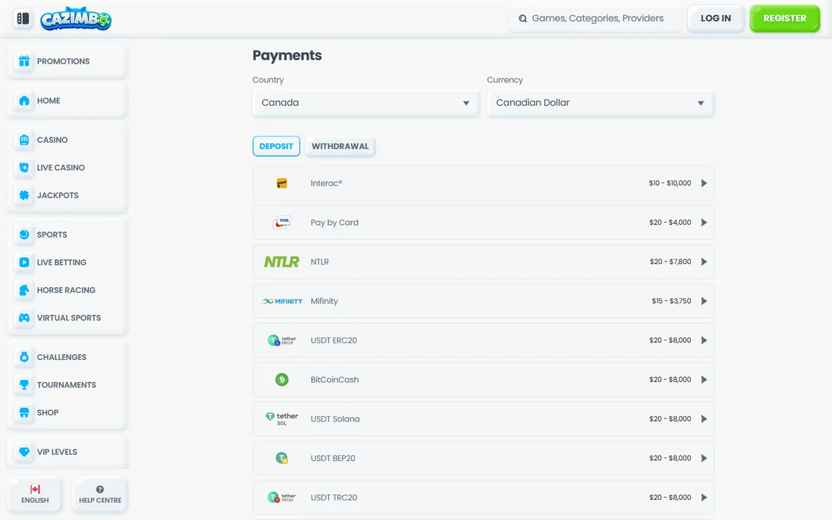 Cazimbo Casino — Payments, captured from Canada