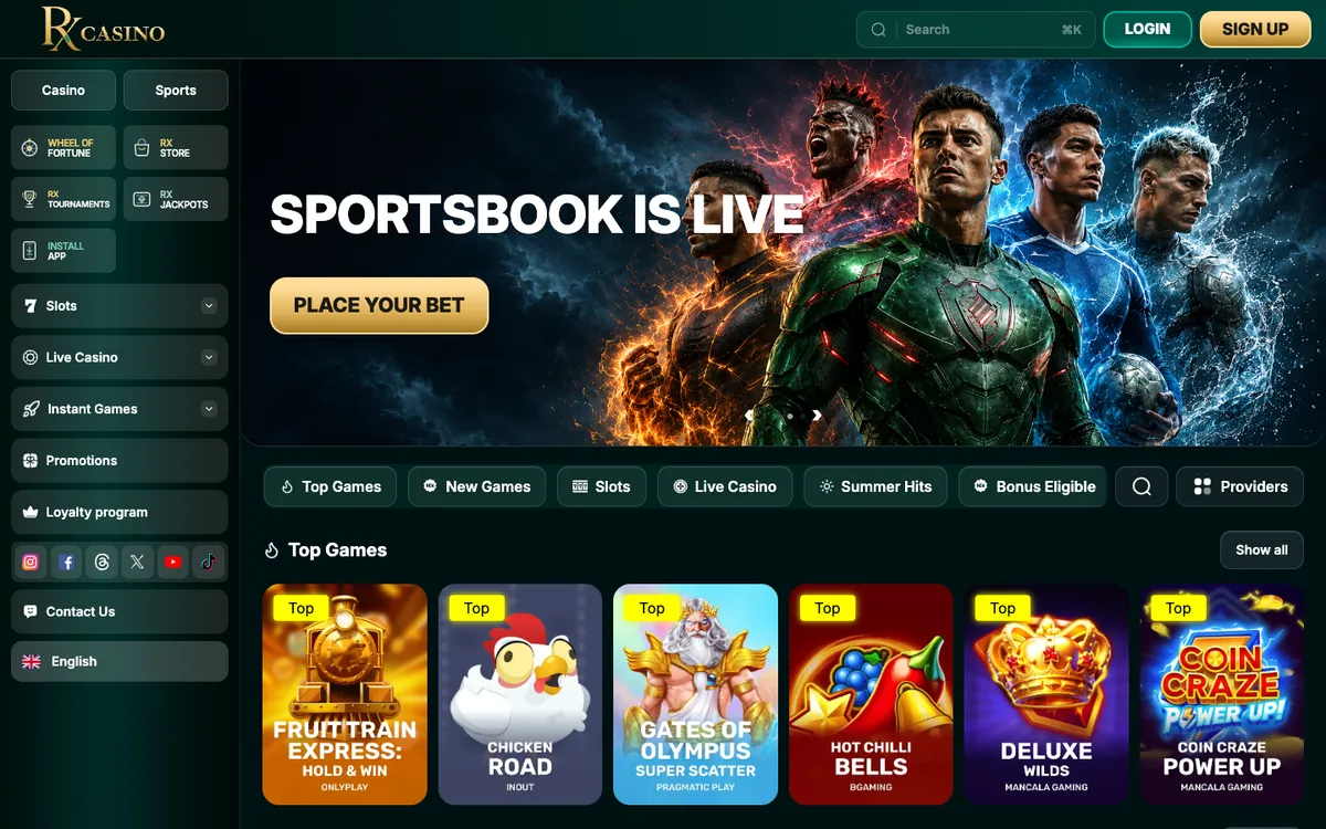 RX Casino — Home page, captured from Japan