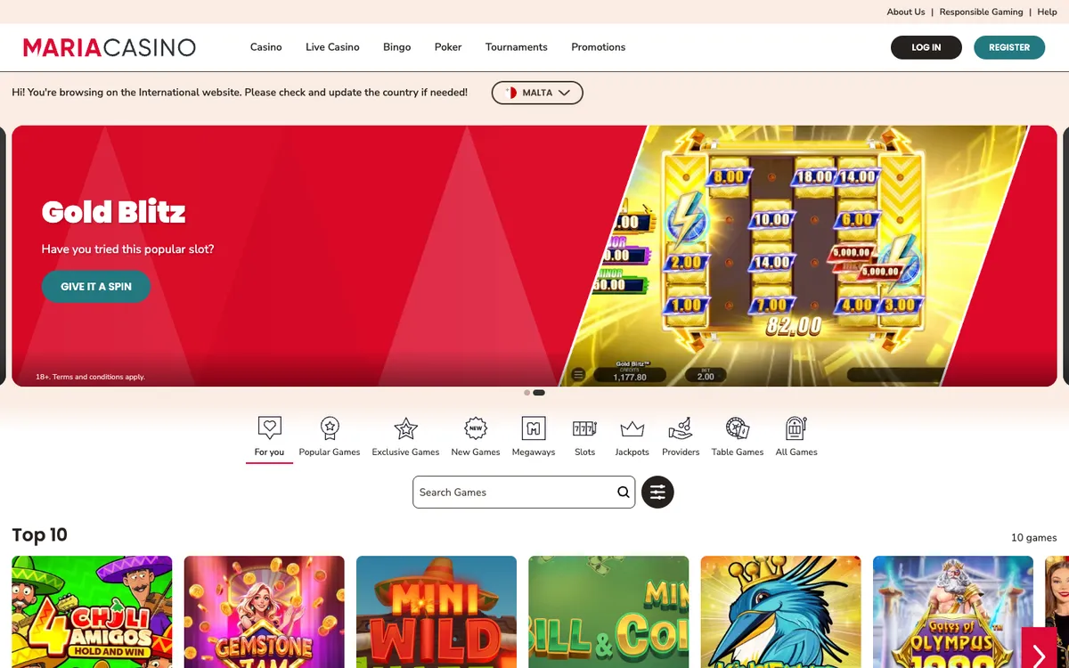 Maria Casino — Home page, captured from United Kingdom