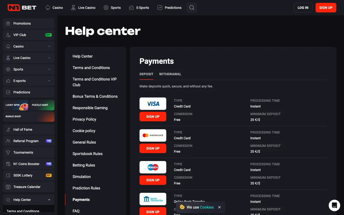 N1Bet Casino — Payments, captured from Japan