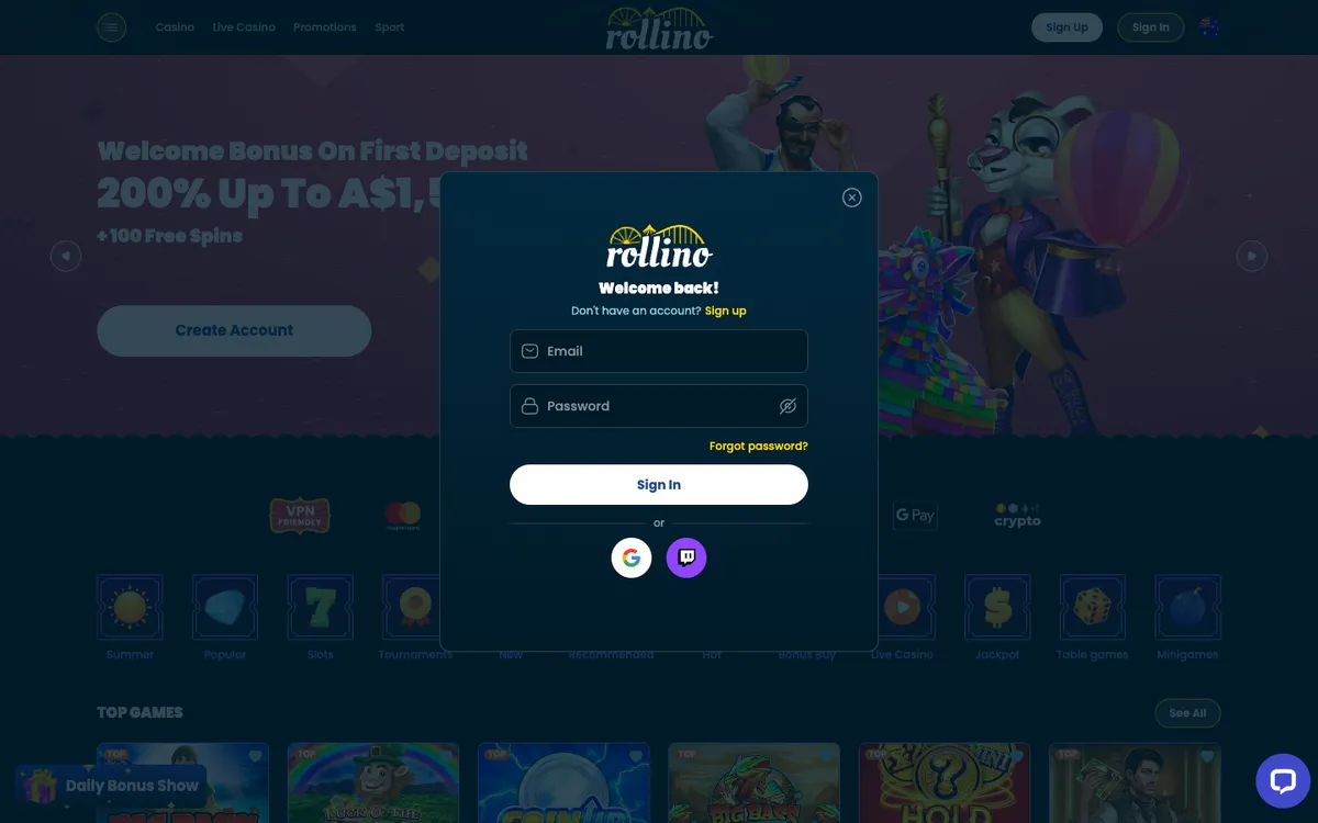 Rollino Casino — Sign-up, captured from Australia
