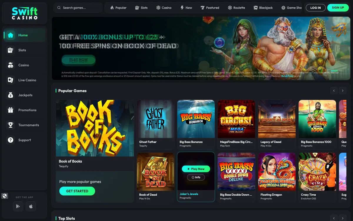 Swift Casino — Home page, captured from United Kingdom