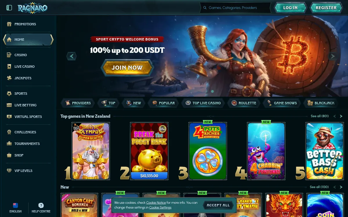 Ragnaro Casino — Home page, captured from New Zealand
