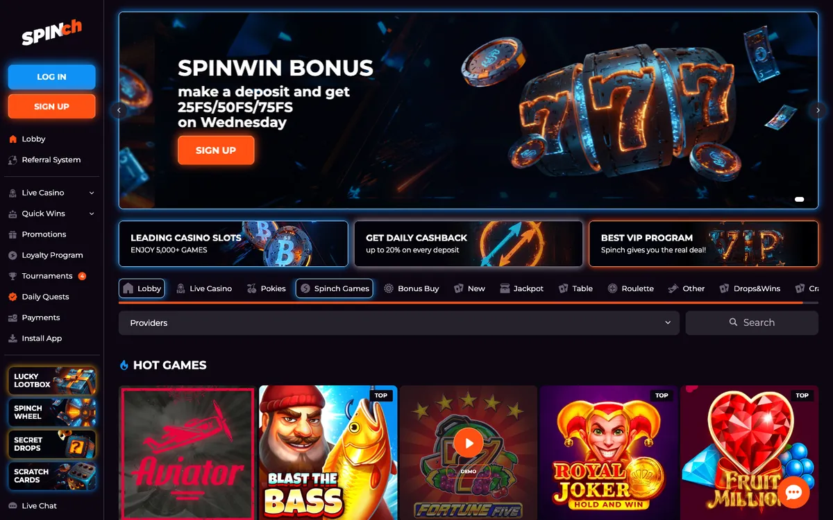 Spinch Casino — «Главная», снято из страны Австралия